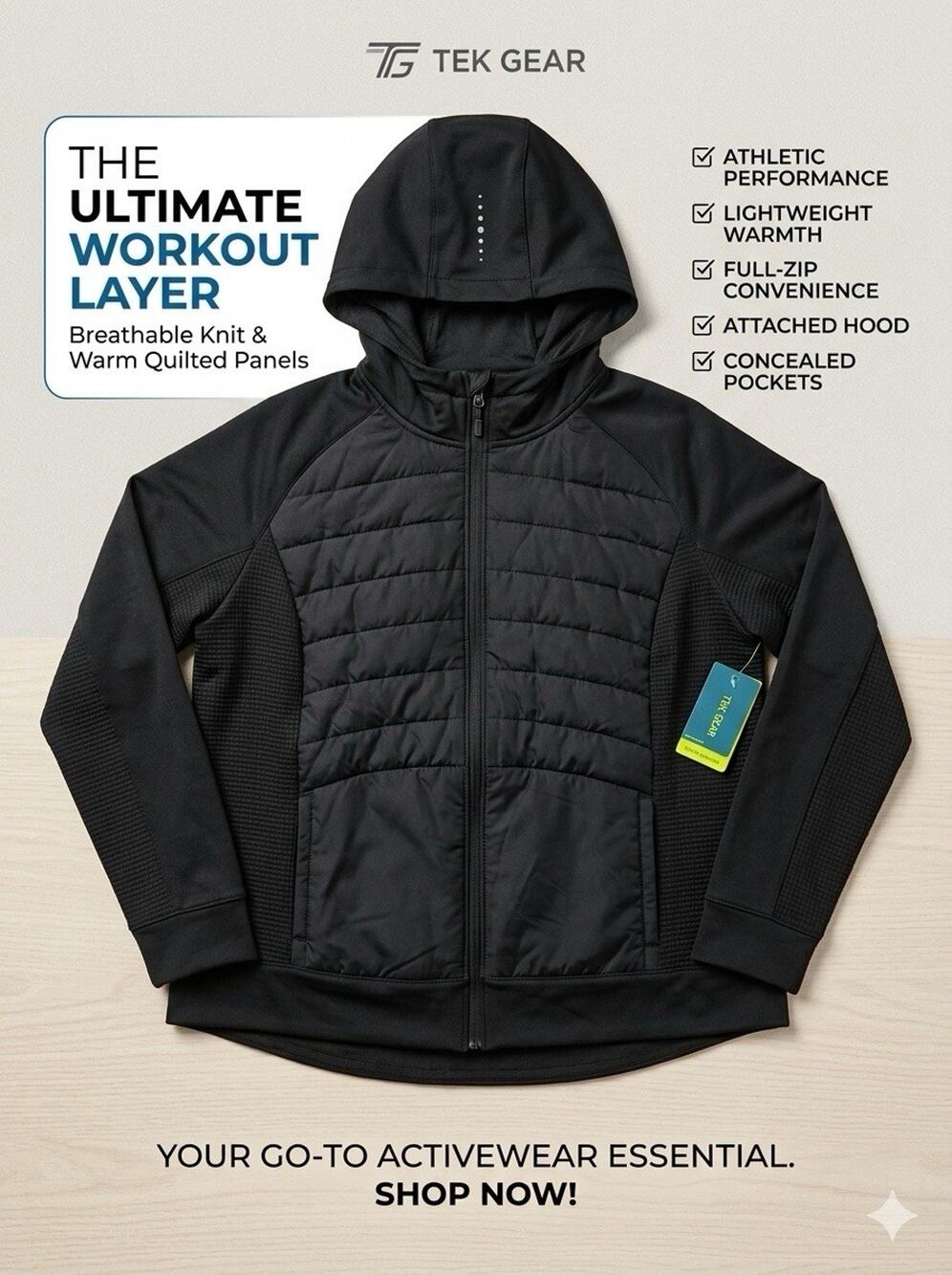 Tek Gear Womens Mixed Media Jacket Hooded Puffer Fleece Full Zip Black Coat New